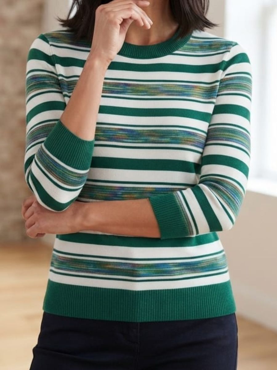 Green & White Striped Ribbed Knit Top